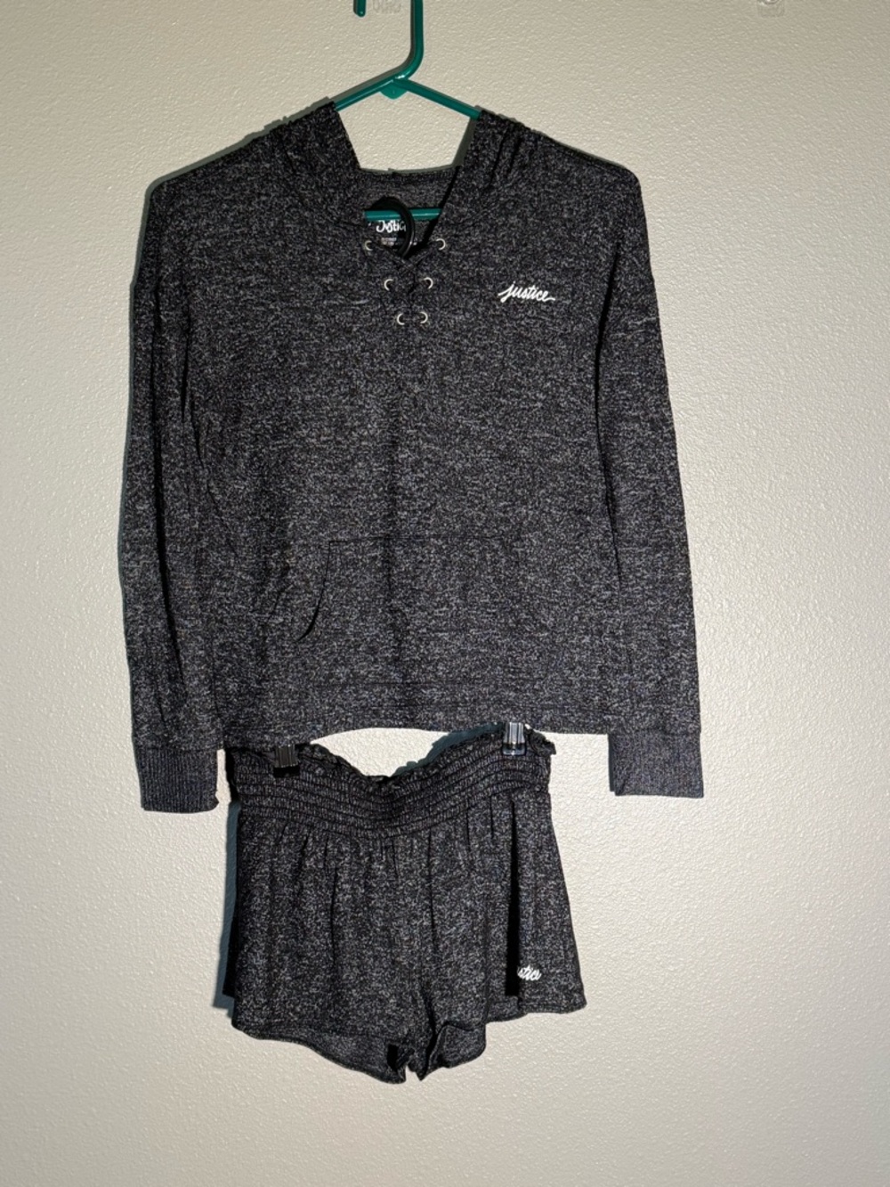 Justice Dark Charcoal Lace-Up Hoodie & Smocked Waist Lounge Shorts